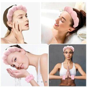 Pink Puffy Headband with Face Wash Wristbands